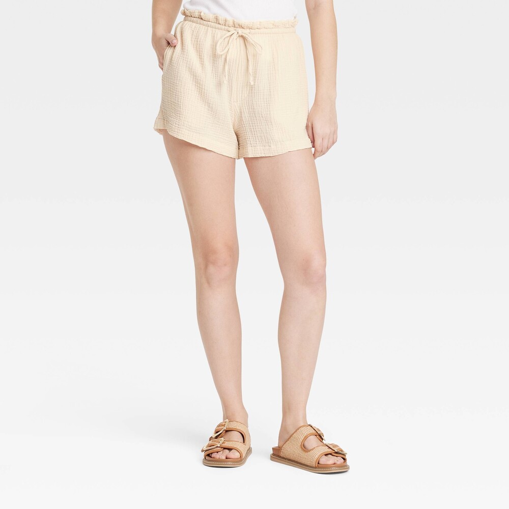 High-Rise Gauzy Tie-Waist Pull-On Shorts - Cream M